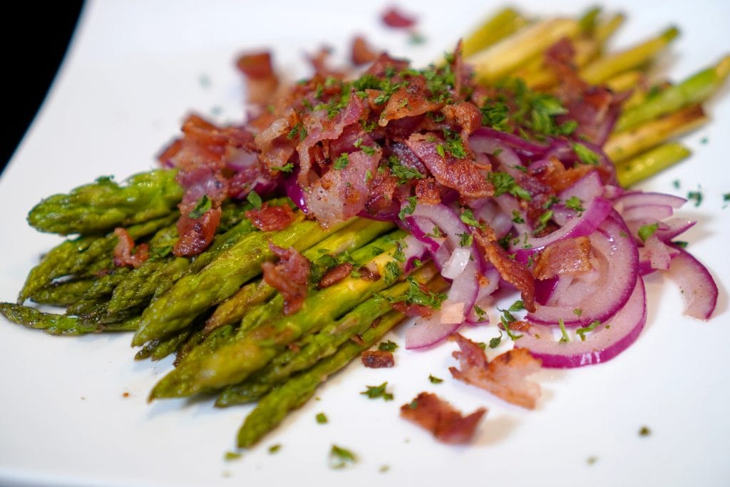 Asparagus with Sherry-Bacon Vinaigrette, Vegetables, Red Onion, Garlic, French Cuisine, Appetizer