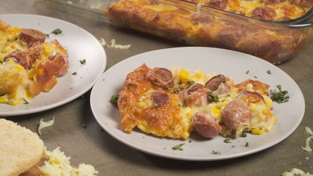 5 Ingredient Hot Dog Casserole Recipe, cheesy hash brown potato dinner bake