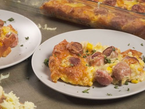 5 Ingredient Hot Dog Casserole Recipe, cheesy hash brown potato dinner bake