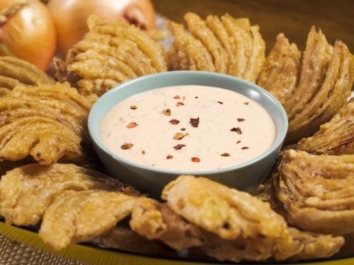 Texas Roadhouse Onion Cactus Blossom and Creamy Sauce Recipe (Copycat), copycat fried blooming onion with chili dipping sauce