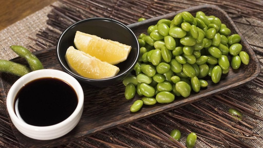Edamame with Sea Salt Recipe, salted edamame beans with lemon wedges and soy sauce dip