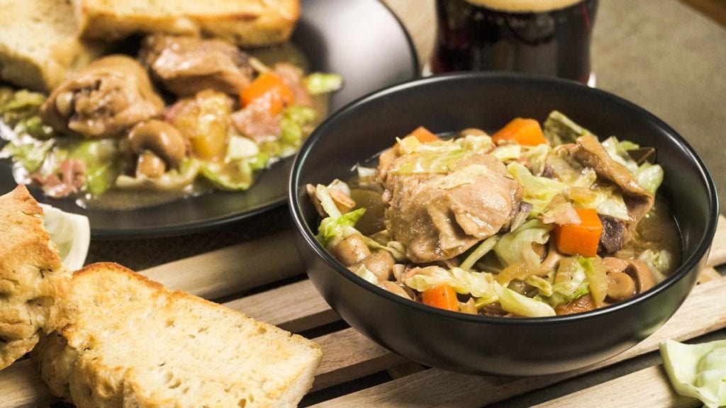 Rustic Irish Chicken and Cabbage Stew Recipe, chicken thighs in vegetable soup crockpot recipe, homemade cabbage soup with chicken and stout beer broth