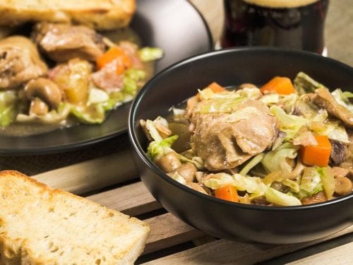 Rustic Irish Chicken and Cabbage Stew Recipe, chicken thighs in vegetable soup crockpot recipe, homemade cabbage soup with chicken and stout beer broth