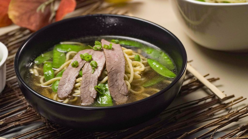 Thinly Sliced Beef Ramen Soup Recipe, ramen bowl with beef flank steak and noodles