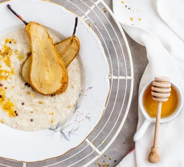 almond rice pudding with poached pears