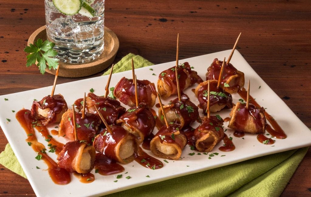 Bacon-Wrapped Water Chestnuts Recipe, rumaki teriyaki, water chestnuts wrapped in bacon