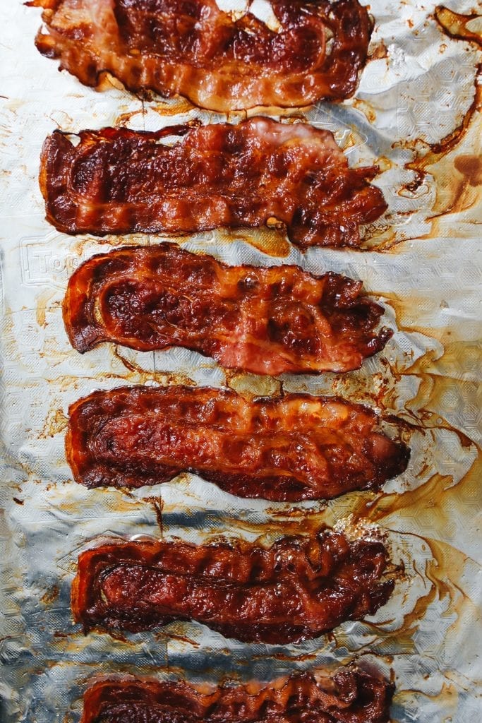 top view of cooked bacon on a baking sheet