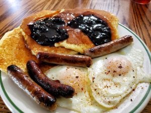 delicious pancakes, sausage and eggs