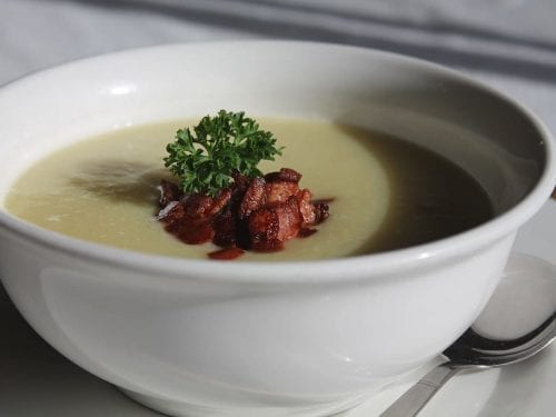potato cheese soup with bacon and leek