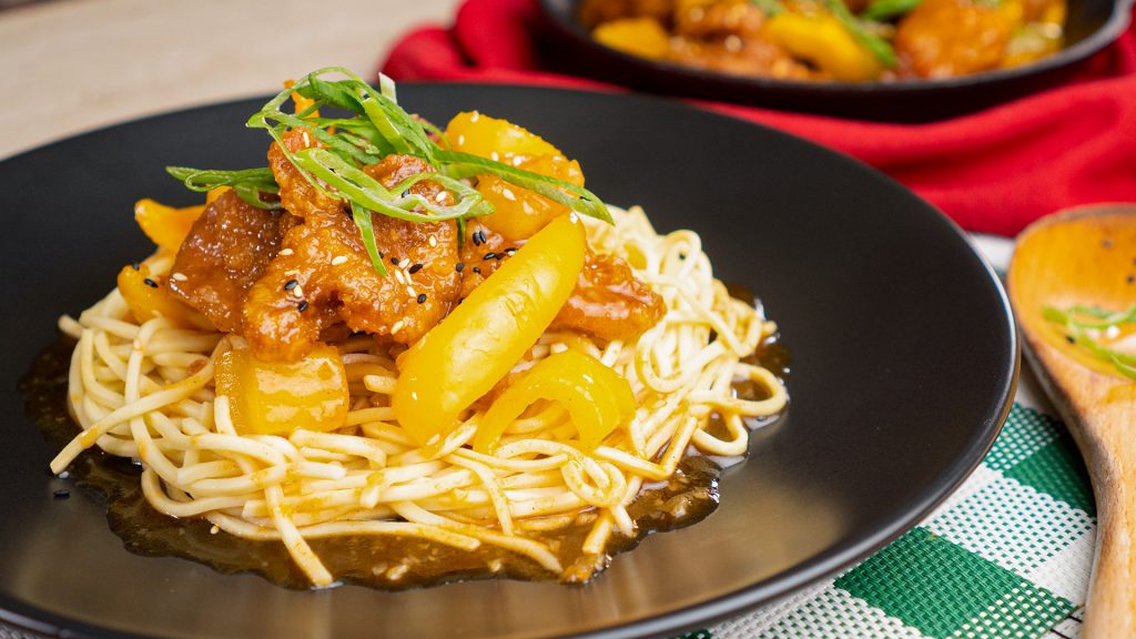 Copycat P.F. Chang's Sweet and Sour Pork Over Noodles