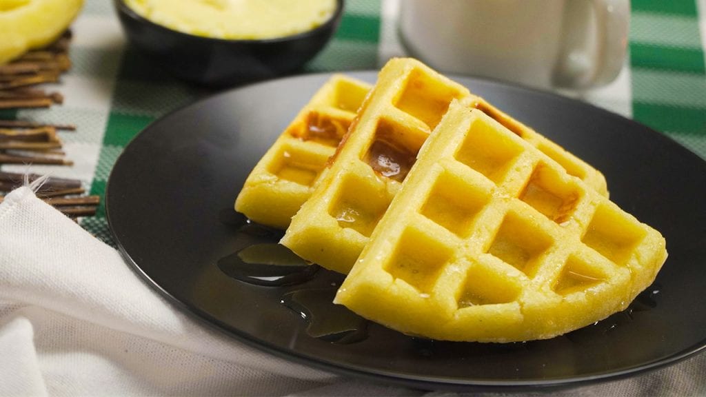 Copycat Waffle House Waffles Recipe, homemade waffles with maple syrup topping