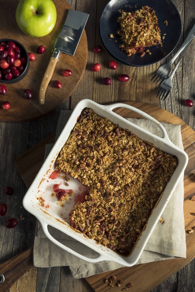 cranberry apple cobbler topped with oats and nuts