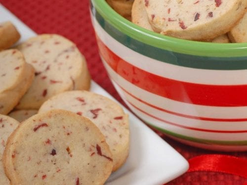 cranberry shortbread cookies with a festive ribbon