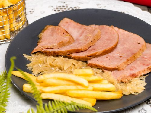 Crockpot Sauerkraut Ham Recipe, traditional German side dish with ham and fries, crockpot ham and sauerkraut
