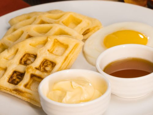 Denny's Inspired Deilcious Belgian Waffles Recipe, homemade belgian waffles from scratch with butter and maple syrup toppings