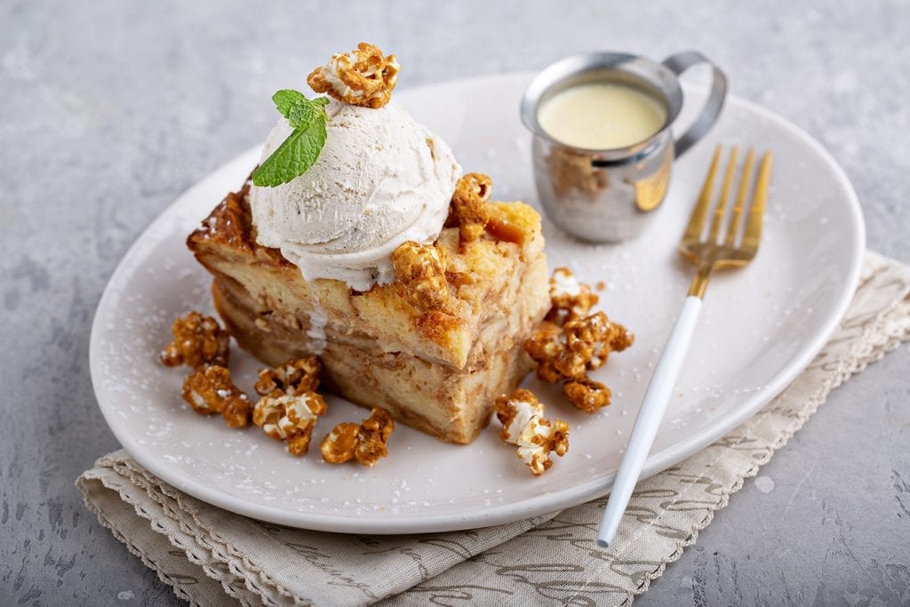 Easy Caramel Apple Bread Pudding Recipe, apple cinnamon bread pudding with vanilla ice cream and caramel syrup