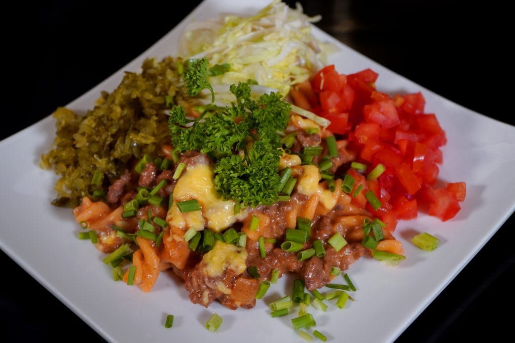 Easy Cheeseburger Casserole, Mustard, Diced Onions, Diced Pickles, Cheddar Cheese