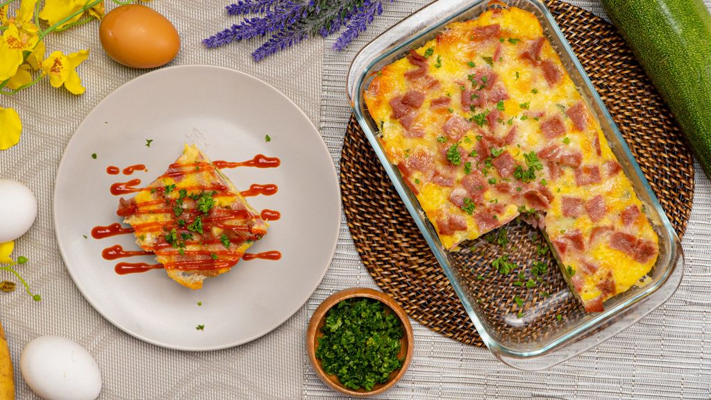 Ham, Potato, and Zucchini Casserole Recipe, cheesy zucchini casserole dish with ham and potatoes