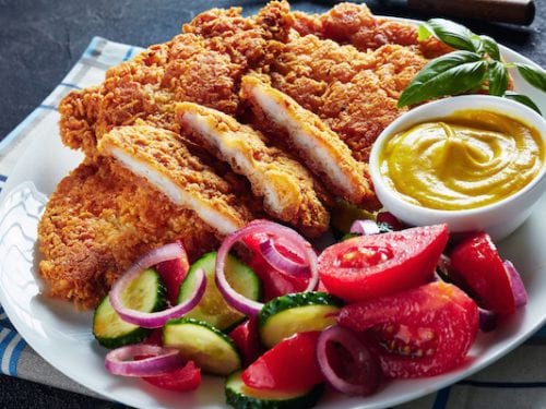 breaded chicken with salad