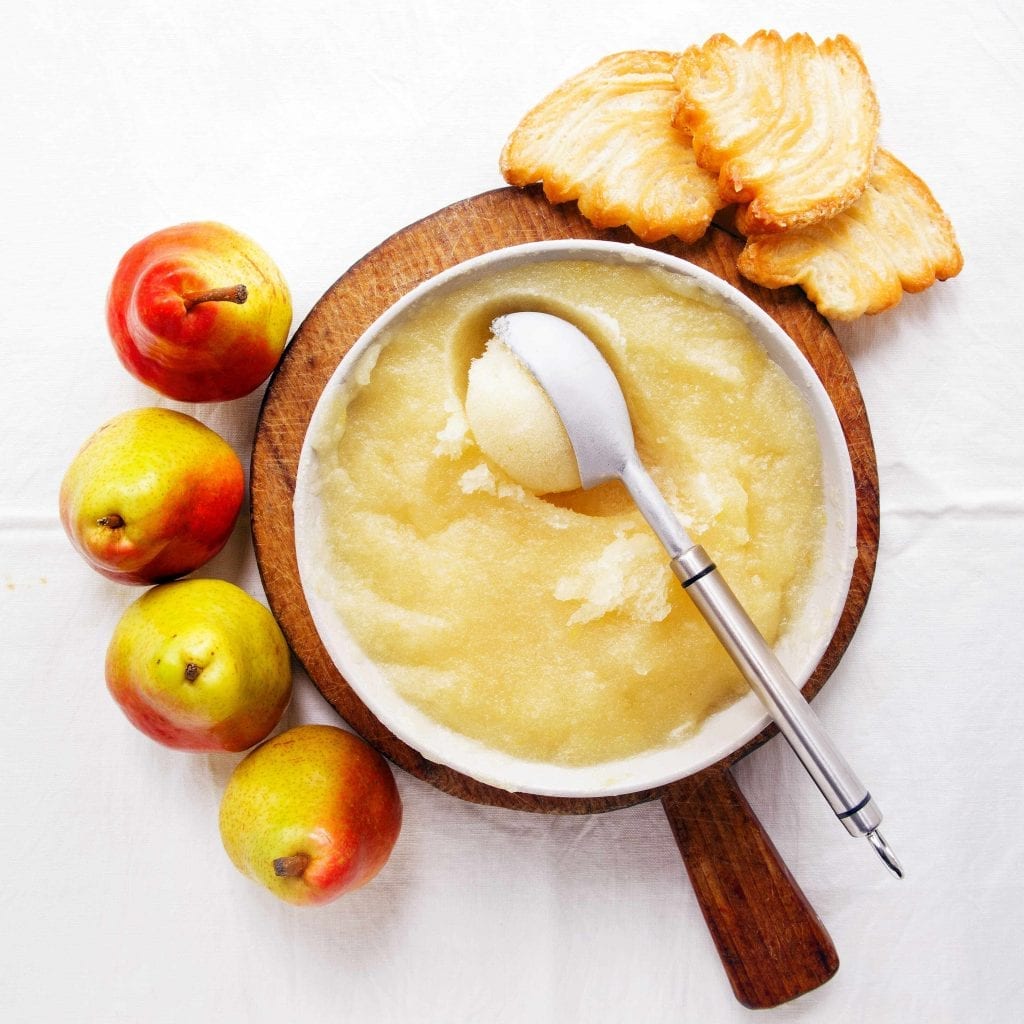 top shot of a bowl of pear sorbet