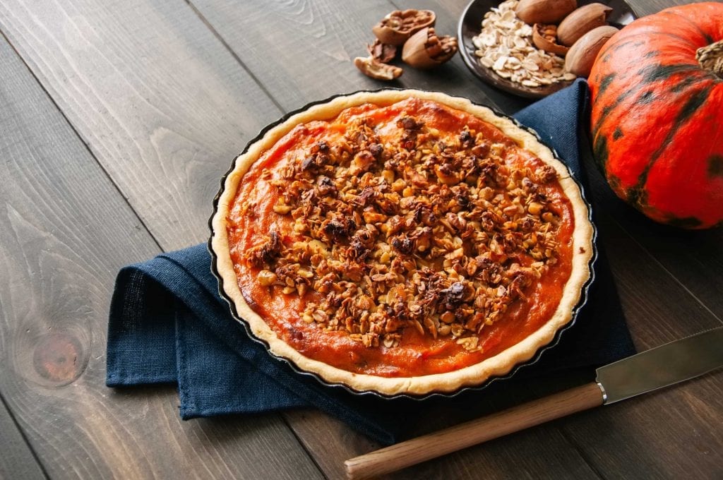 Pumpkin Pecan Pie Recipe, spiced pumpkin pie with pecan praline topping