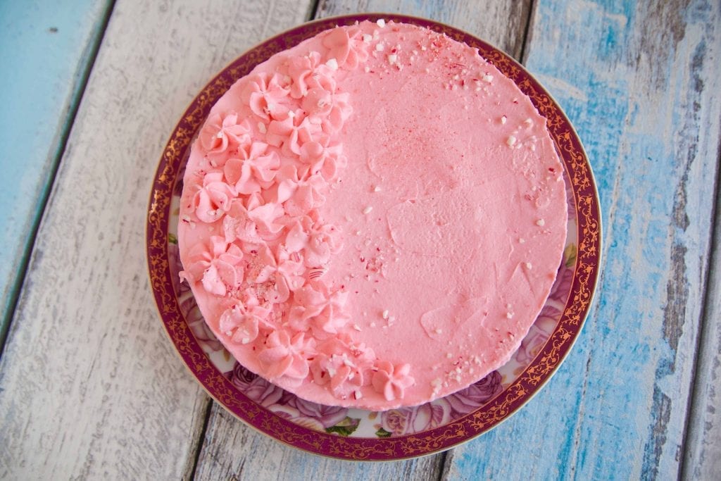 pink marshmallow pie topped with crushed peppermint candy