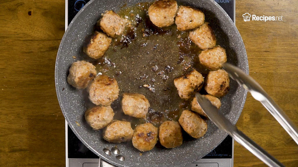 sauteing the meatballs, browned meatballs