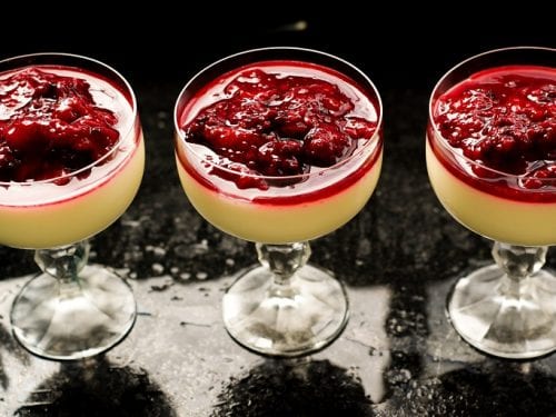 Buttermilk Panna Cotta Martinis with Fresh Berry Compote - Italian buttermilk pudding dessert and fresh fruit compote