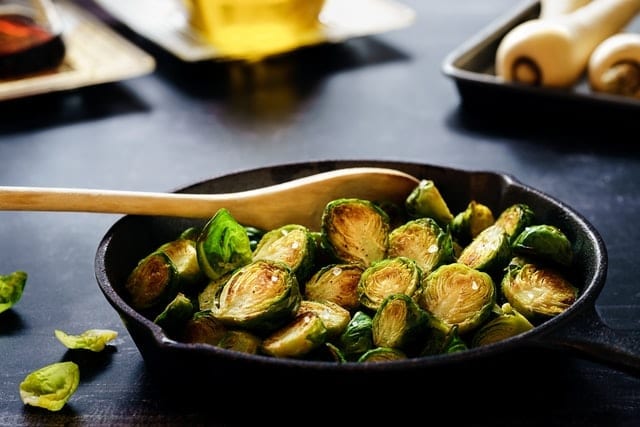 brussel sprouts with cream cheese, toasted almonds and nutmeg