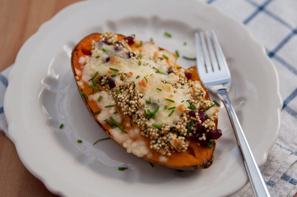 cheesy quinoa stuffed sweet potato