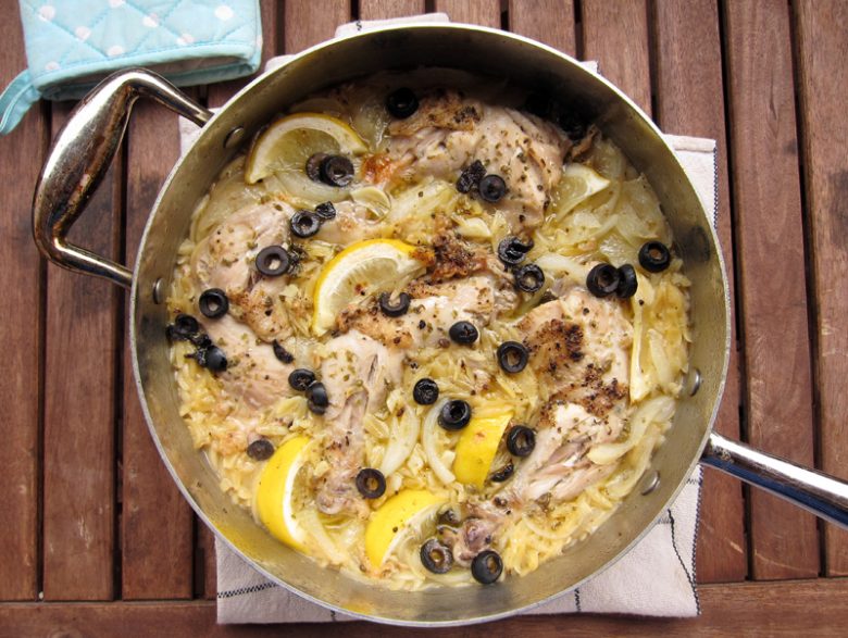 chicken and orzo with lemon and olives