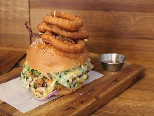 chicken burger with onion rings