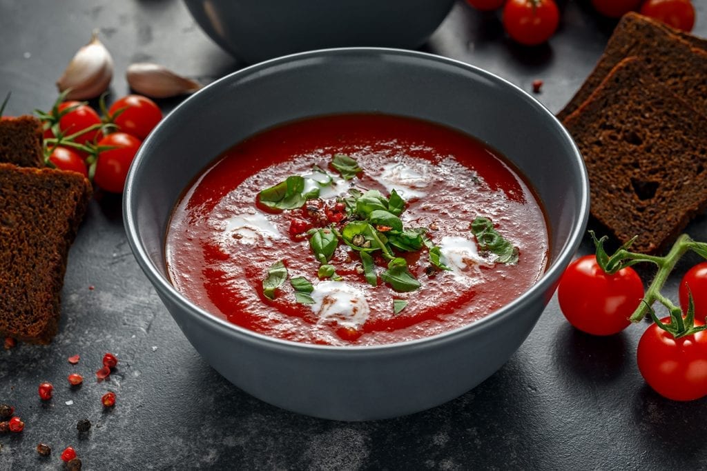 chilled tuscan tomato soup with basil cream sauce