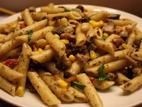 grilled corn and chicken penne salad with cumin lime dressing