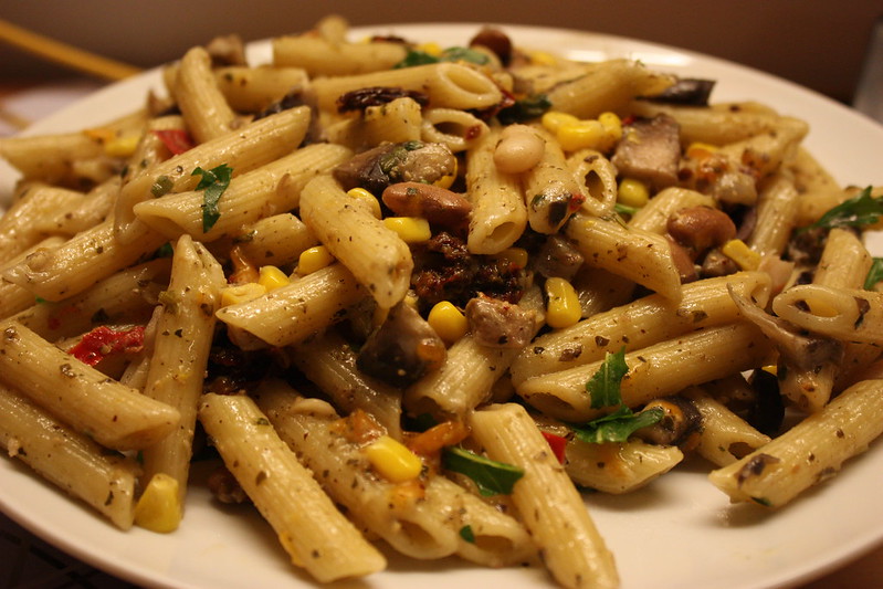 grilled corn and chicken penne salad with cumin lime dressing