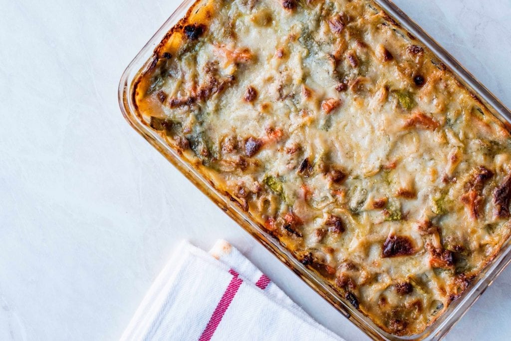 vegetable casserole in a glass baking dish