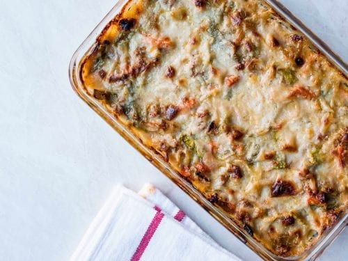 vegetable casserole in a glass baking dish