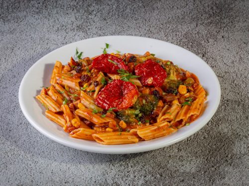 Marinara Pasta with Grilled Vegetables Recipe, vegan penne pasta with zucchini and homemade San Marzano tomato sauce