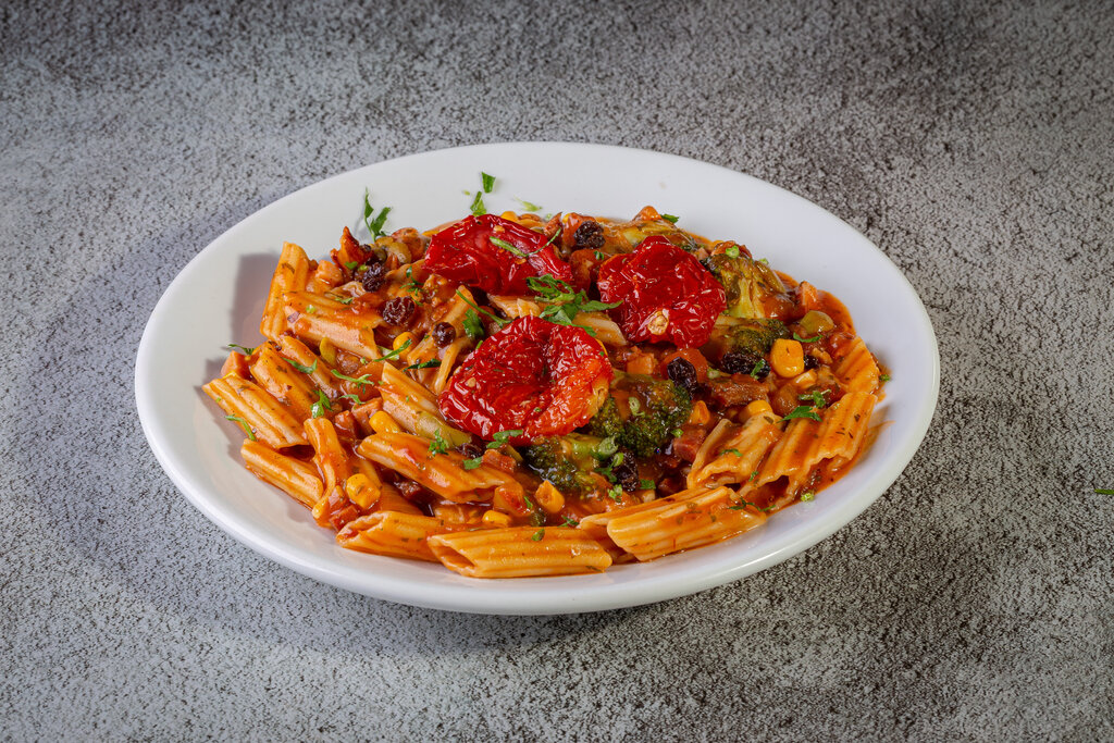 Marinara Pasta with Grilled Vegetables Recipe, vegan penne pasta with zucchini and homemade San Marzano tomato sauce