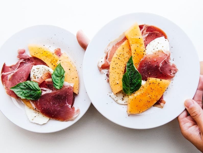 melon and prosciutto with balsamic vinegar and mint