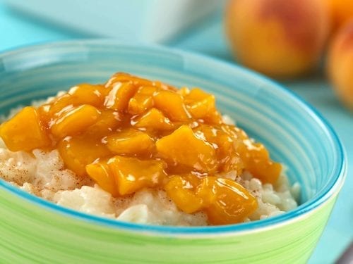 rice pudding topped with peaches