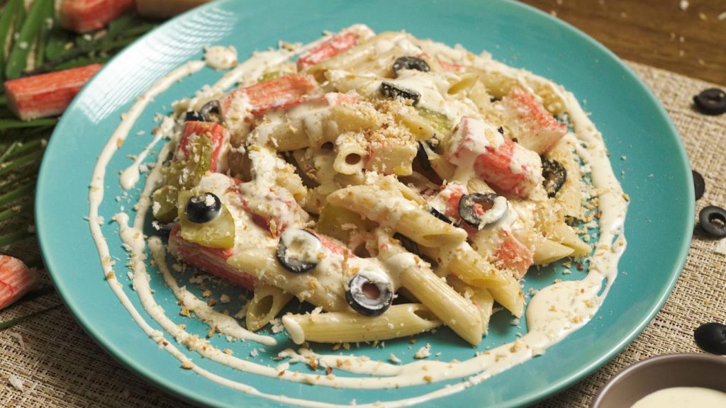 Pickle Olive and Imitation Crabmeat Pasta Salad Recipe