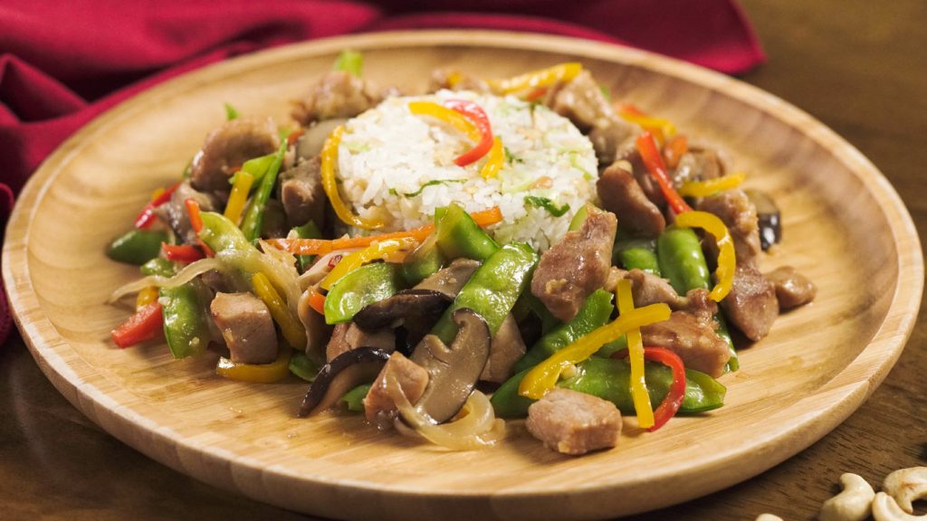 Pork and Vegetable Stir Fry with Cashew Rice