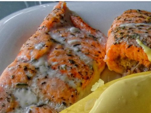 rosy red grilled salmon with strawberry hollandaise