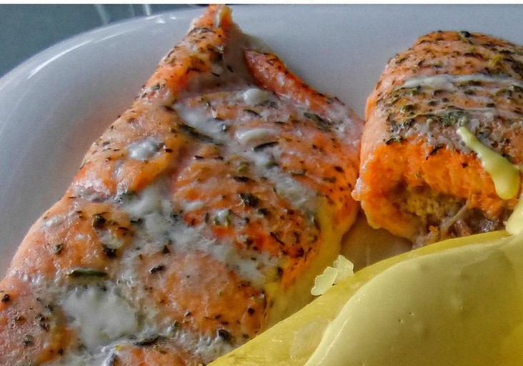 rosy red grilled salmon with strawberry hollandaise