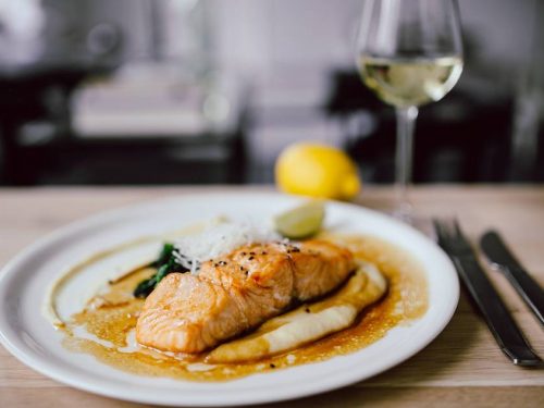 salmon with brown mustard and olive oil