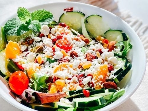 summer rice salad with feta, citrus and mint