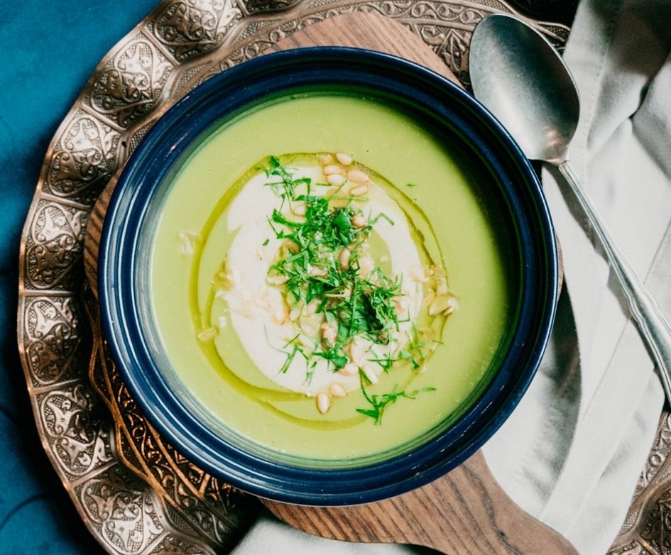 sweet pea soup with avocados and pea greens