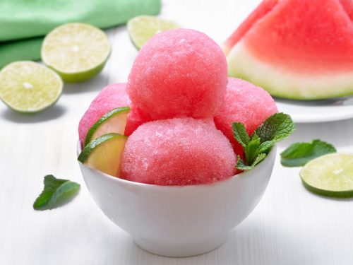 watermelon sorbet in bowl, summer cold dessert