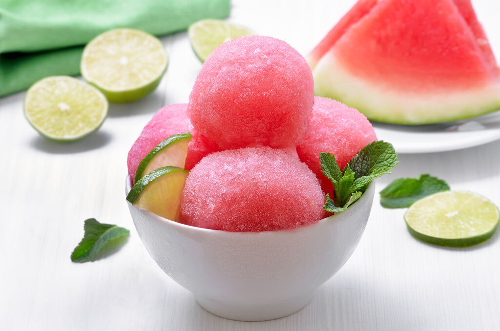 watermelon sorbet in bowl, summer cold dessert